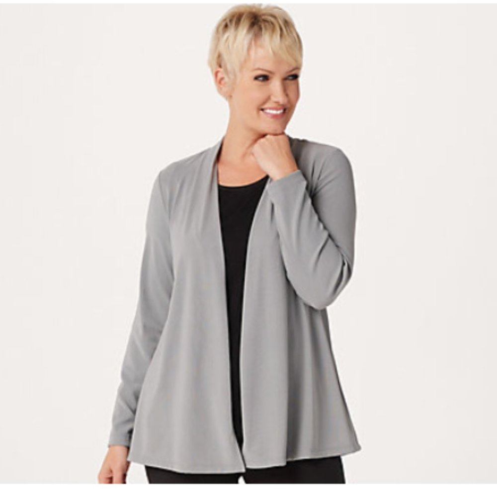 SUSAN GRAVER LUSTRA KNIT OPEN-FRONT CARDIGAN, 2X, STORM GRAY